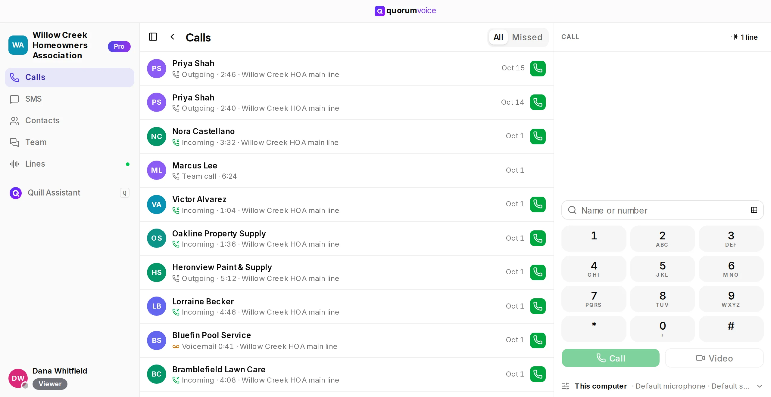 The QuorumVoice desktop app on a Mac: the Calls list beside the call column and dial pad, in a demo organization