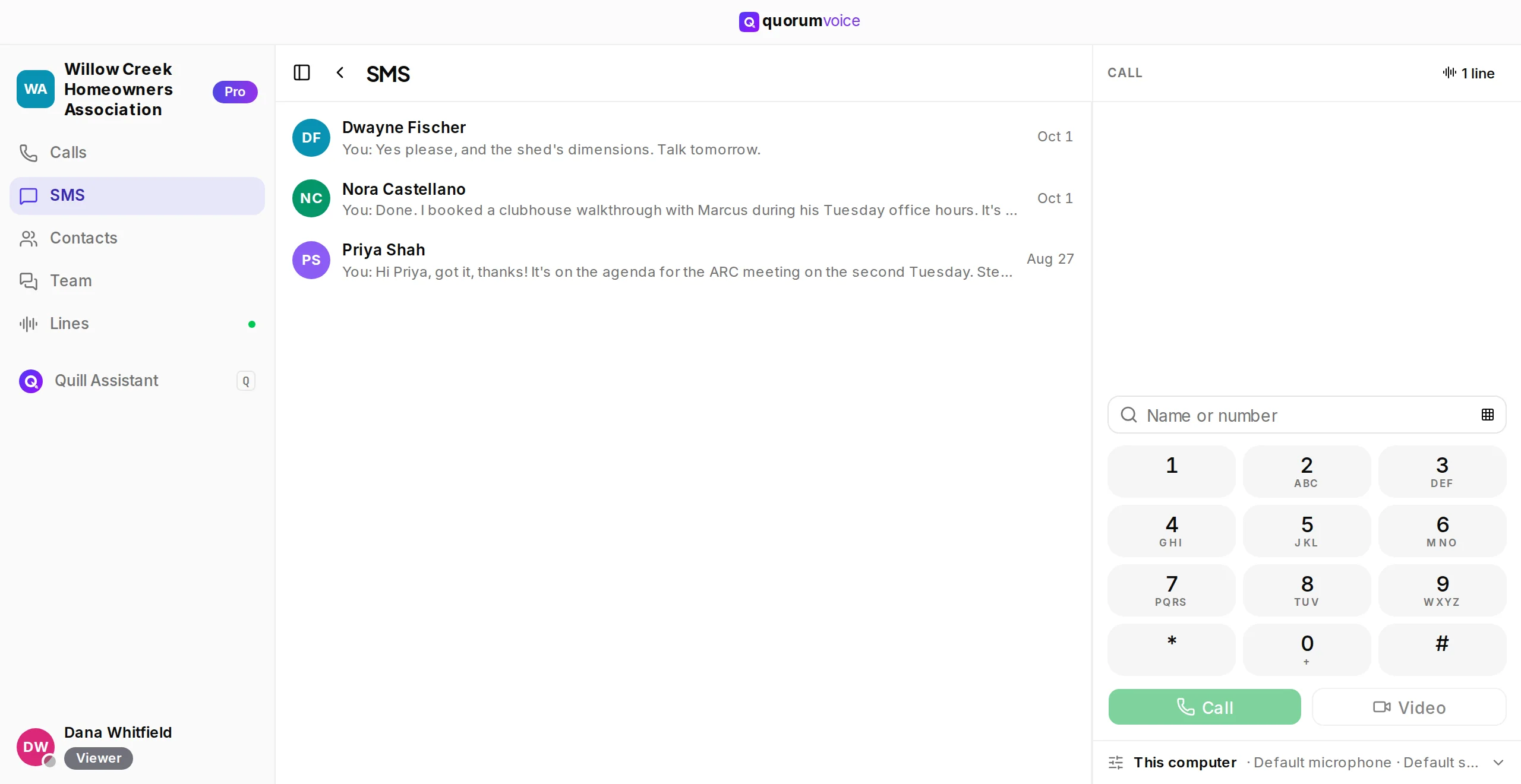 The desktop app’s SMS list, every text conversation with its latest message