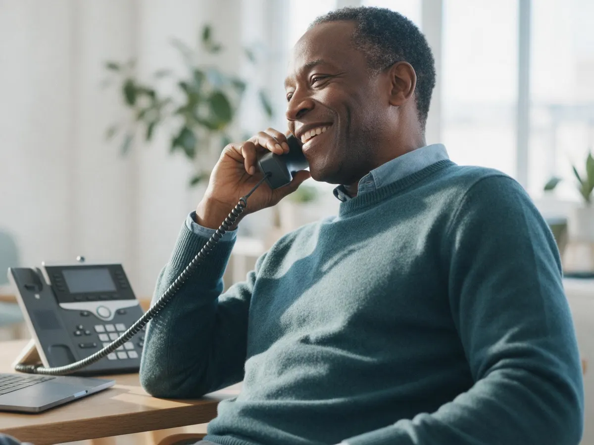 A man at his office desk laughing on the handset of a desk phone, his laptop open and his mobile phone beside it.