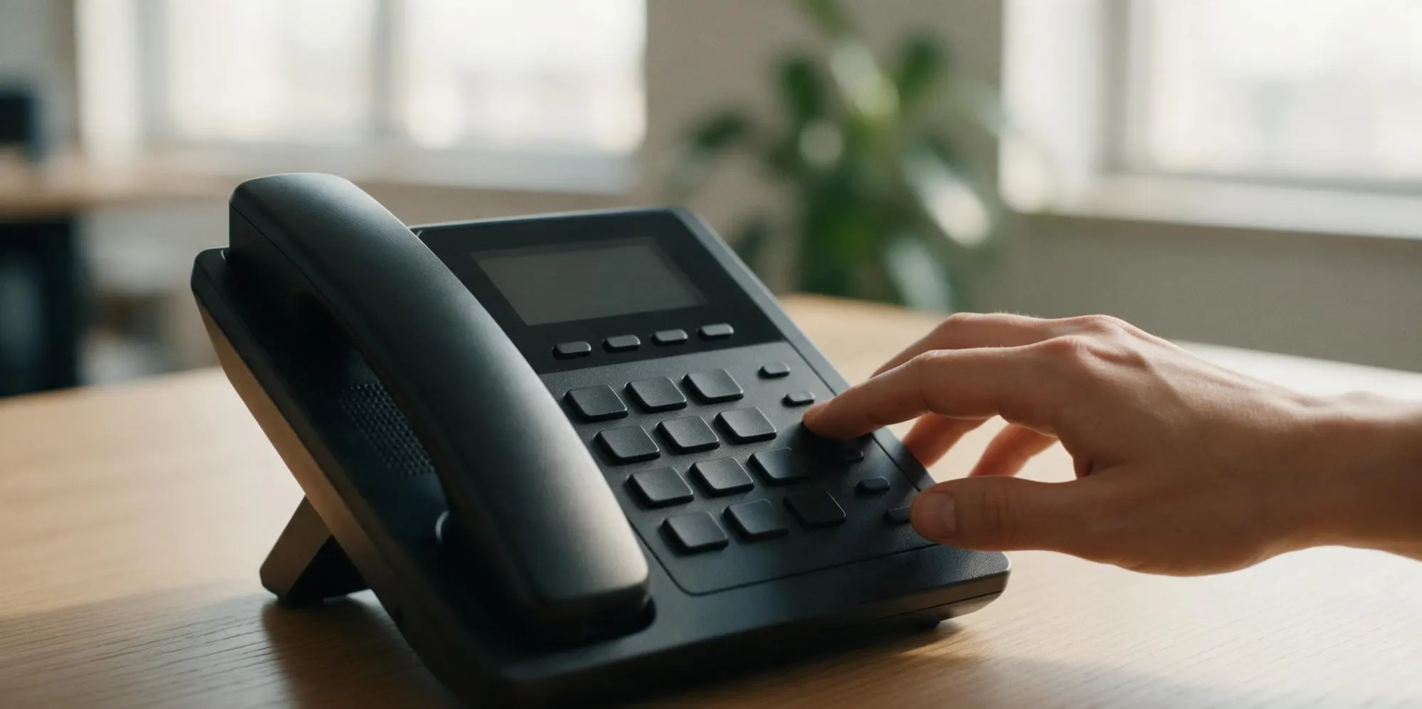 A hand pressing a key on a desk phone in a bright office.