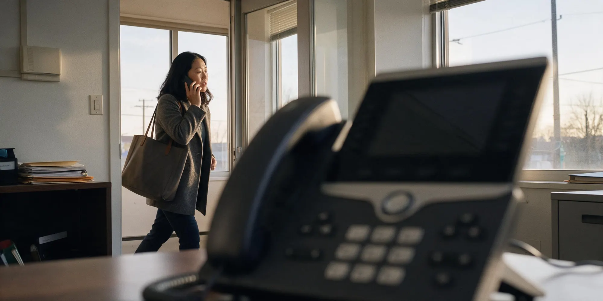A woman on her mobile phone walking out of the office, a desk phone in the foreground.