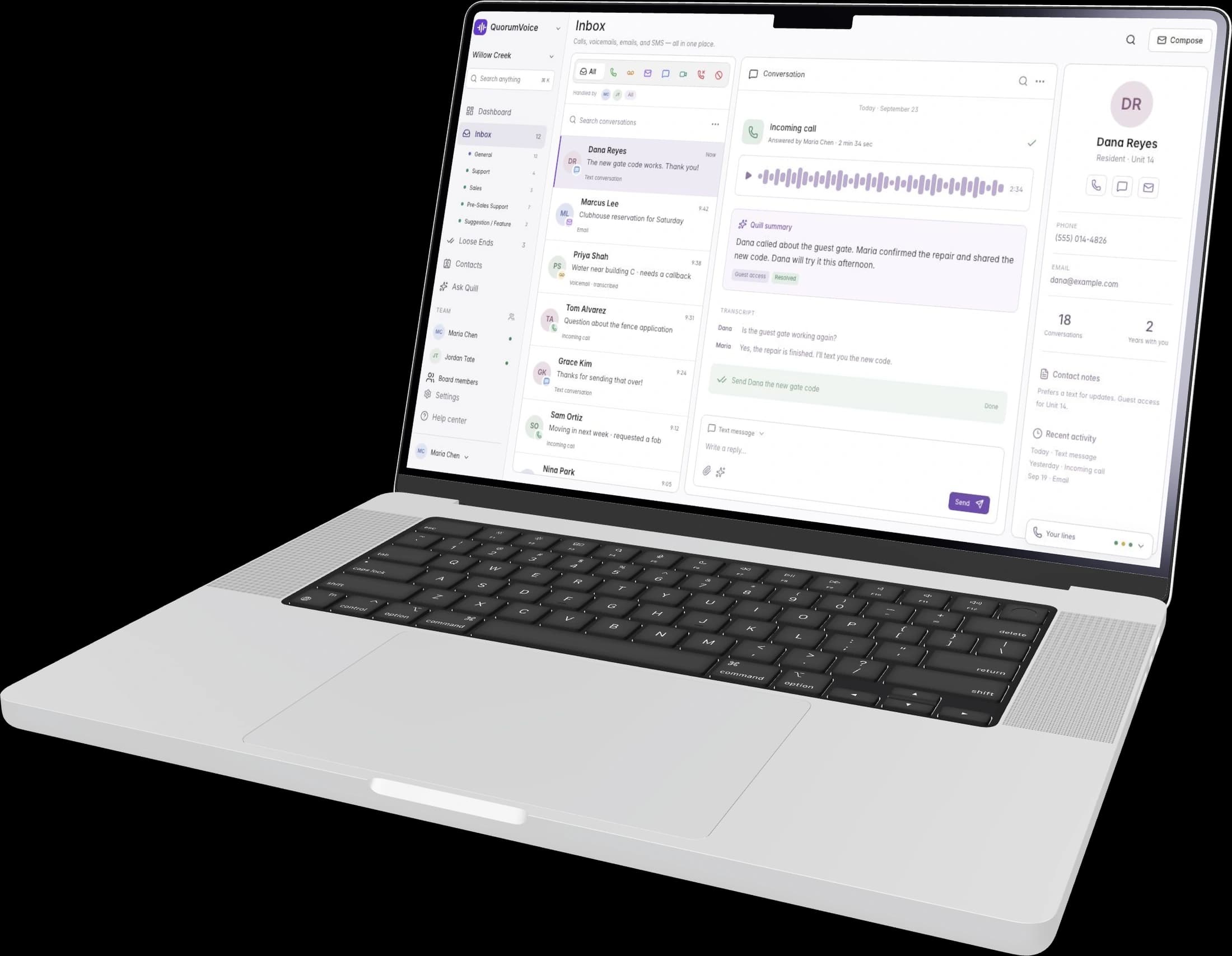 The QuorumVoice web app's inbox on a laptop