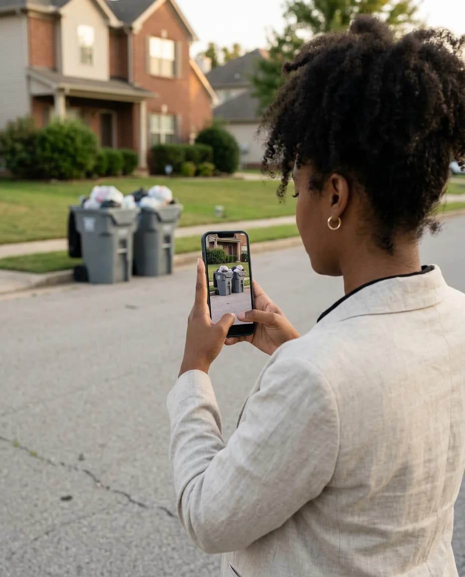 A board member photographing two overflowing trash bins at the curb with her phone