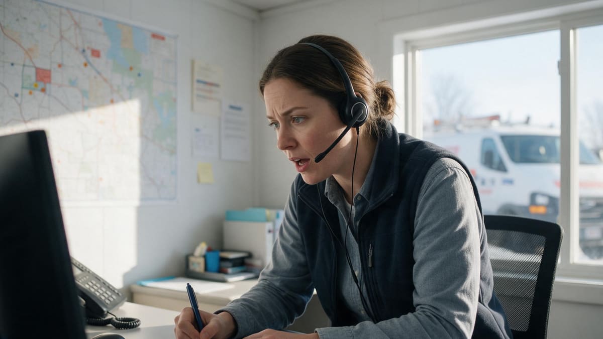 HVAC dispatcher answering an emergency service call on a headset